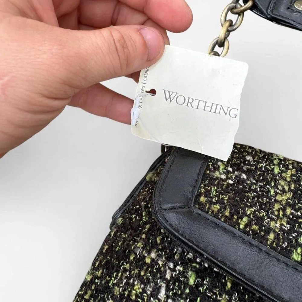 2000s NWT Worthington Black Tweed Chain Shoulder Bag Jeweled Floral Clasp Y2K